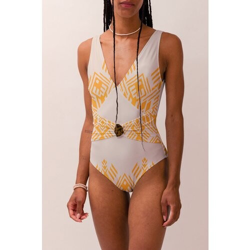 Averie dames vegan Badpak Ring Plunge Eendelig Amber Goud Symmetrische Print Op Wit