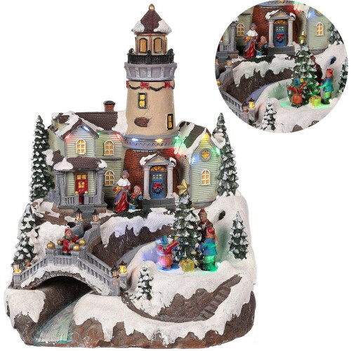 Cheqo kerstdorp - LED licht - draaiende kerstboom - 26x28x35 cm