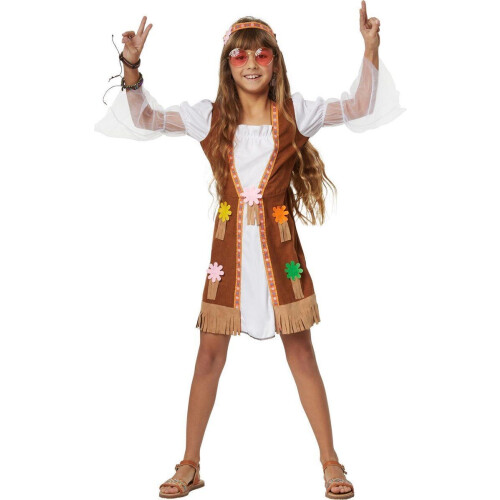 Dressforfun Groovy Hippie Squaw - Meisjeskostuum - Korte jurk met suèdelook vest en franjes - Multicolor