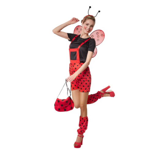 DressForFun Marina Lieveheersbeestje Kostuum - Maat S - Tuinbroek met T-shirt en Accessoires - Rood & Zwart