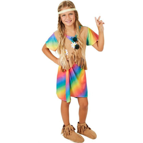 Dressforfun Meisjeskostuum bloemenkind 164 - Verkleedkleding hippie kostuum - Kleurrijke jurk met bloemen - (13-14y)