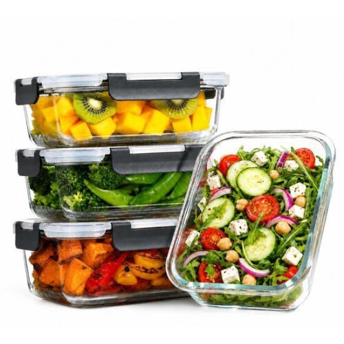 Five Stars® Glazen Vershoudbakjes - 4 Stuks - Meal Prep Bakjes - Luchtdichte Diepvriesbakjes - Met Deksel - 1040 ml