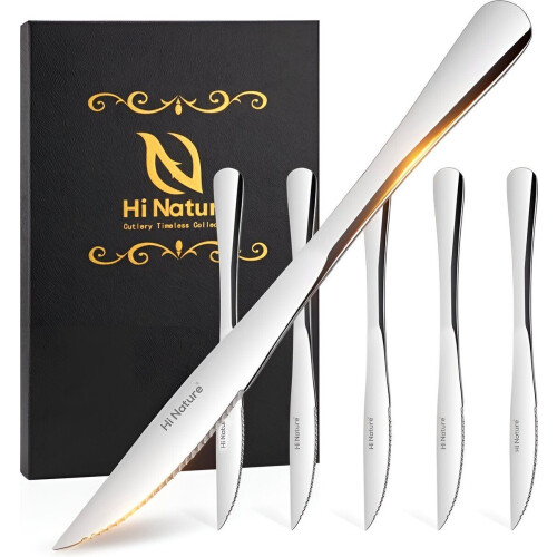 HI NATURE™ Steakmessen - Messenset RVS - 6x Vaatwasserbestendig 22cm - Zilver (6 stuks)