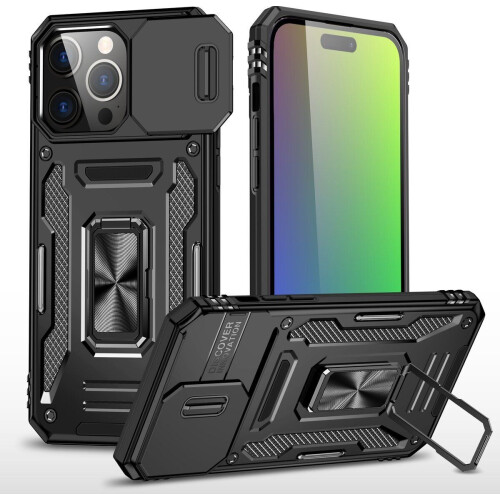 Podec iPhone 15 Pro Max - Telefoonhoesje - Anti-Shock Case met Kickstand Ring en Screenprotector - Zwart
