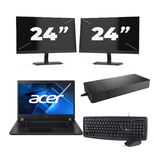 Refurbished Acer TravelMate P214-53 - Intel Core i3-11e Generatie - 14 inch - 8GB RAM - 256GB SSD - Windows 11 Home + 2x 24 inch Monitor