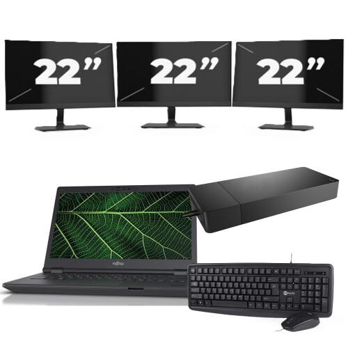 Refurbished Fujitsu LIFEBOOK E5411 - Intel Core i5-11e Generatie - 14 inch - 8GB RAM - 256GB SSD - Windows 11 Home + 3x 22 inch Monitor