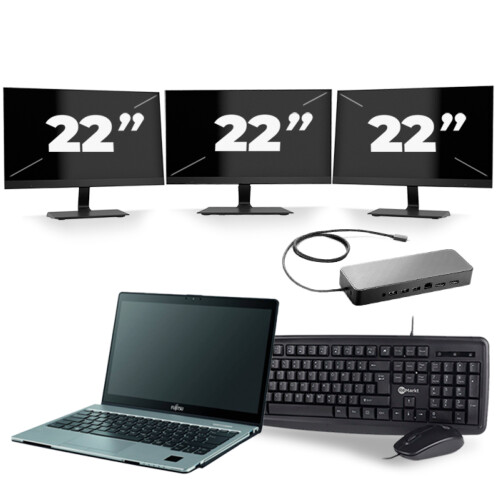 Refurbished Fujitsu LifeBook S938 - Intel Core i7-8e Generatie - 13 inch - 8GB RAM - 256GB SSD - Windows 11 + 3x 22 inch Monitor