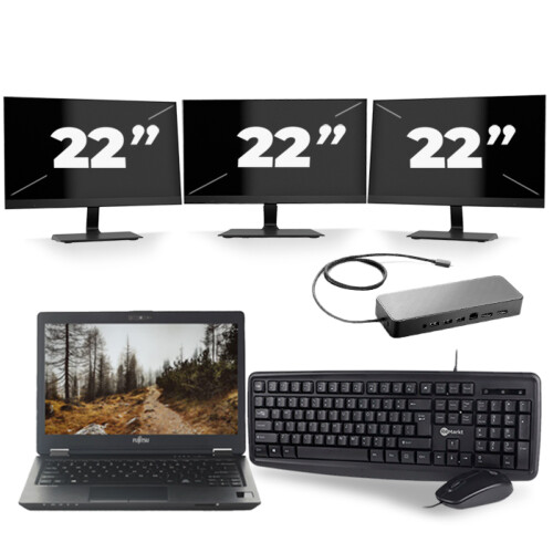 Refurbished Fujitsu LifeBook U727 - Intel Core i7-7e Generatie - 12 inch - 8GB RAM - 256GB SSD - Windows 11 + 3x 22 inch Monitor