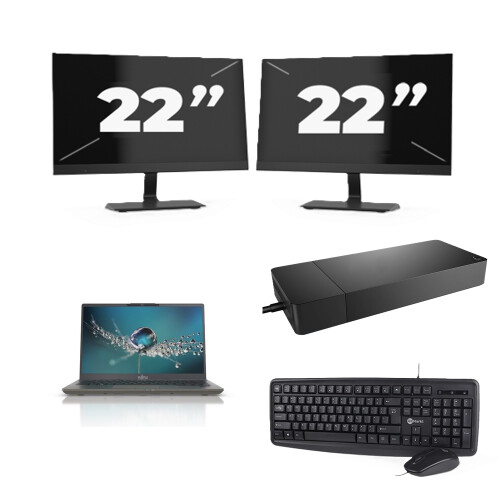 Refurbished Fujitsu Lifebook U7411 - Intel Core i5-11e Generatie - 14 inch - 8GB RAM - 256GB SSD - Windows 11 Home + 2x 22 inch Monitor