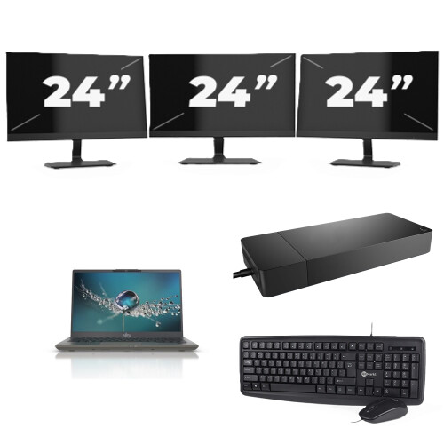 Refurbished Fujitsu Lifebook U7411 - Intel Core i5-11e Generatie - 14 inch - 8GB RAM - 256GB SSD - Windows 11 Home + 3x 24 inch Monitor