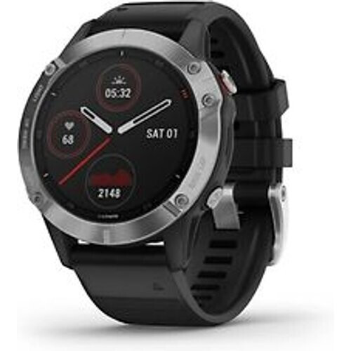 Refurbished Garmin Fenix 6 47 mm zilver met een zwarte siliconen polsband