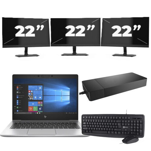 Refurbished HP EliteBook 735 G6 - AMD Ryzen 7 PRO 3700U - 13 inch - 8GB RAM - 256GB SSD - Windows 10 Home + 3x 22 inch Monitor