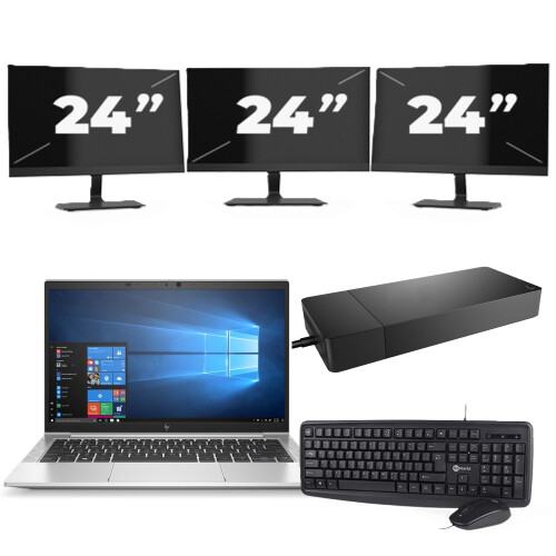 Refurbished HP EliteBook 835 G7 - AMD Ryzen 7 PRO 4750U - 13 inch - 8GB RAM - 256GB SSD - Windows 11 Home + 3x 24 inch Monitor