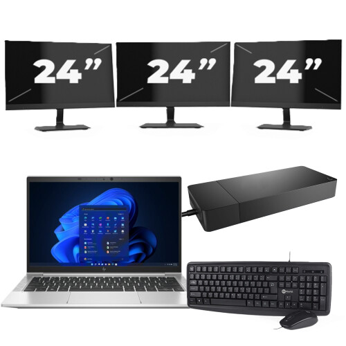 Refurbished HP EliteBook 835 G8 - AMD Ryzen 3 PRO 5450U - 13 inch - 8GB RAM - 256GB SSD - Windows 11 Home + 3x 24 inch Monitor