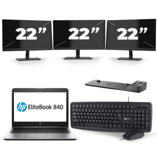 Refurbished HP EliteBook 840 G3 - Intel Core i7-6e Generatie - 14 inch - 8GB RAM - 256GB SSD - Windows 11 + 3x 22 inch Monitor