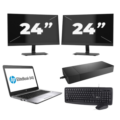 Refurbished HP EliteBook 840 G3 - Intel Core i7-6e Generatie - 14 inch - 8GB RAM - 256GB SSD - Windows 11 + 2x 24 inch Monitor