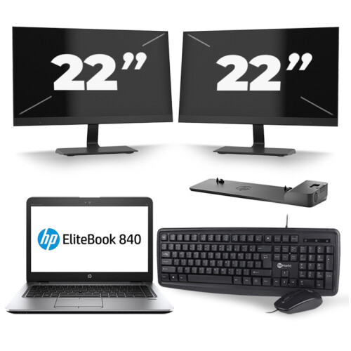 Refurbished HP EliteBook 840 G3 - Intel Core i7-6e Generatie - 14 inch - 8GB RAM - 256GB SSD - Windows 11 + 2x 22 inch Monitor