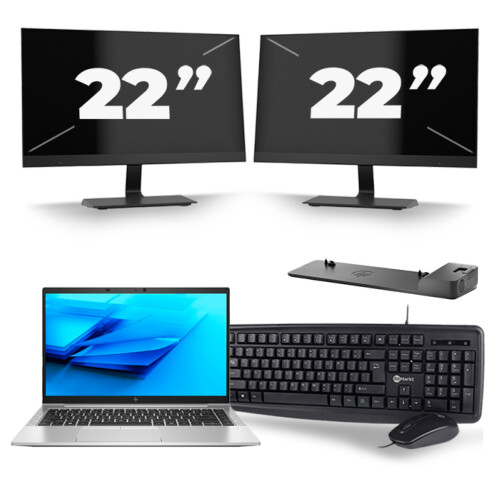 Refurbished HP EliteBook 840 G7 - Intel Core i7-10e Generatie - 14 inch - 8GB RAM - 256GB SSD - Windows 11 + 2x 22 inch Monitor