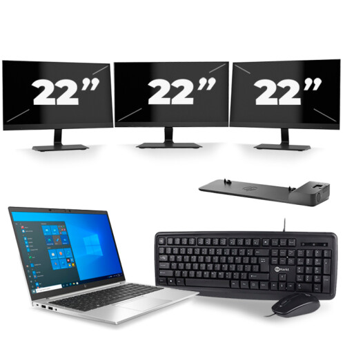 Refurbished HP EliteBook 840 G8 - Intel Core i7-11e Generatie - 14 inch - 8GB RAM - 256GB SSD - Windows 11 + 3x 22 inch Monitor