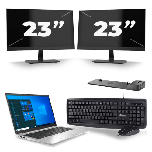 Refurbished HP EliteBook 845 G7 - AMD Ryzen 3 Pro 4450U - 14 inch - 8GB RAM - 256GB SSD - Windows 10 Home + 2x 23 inch Monitor