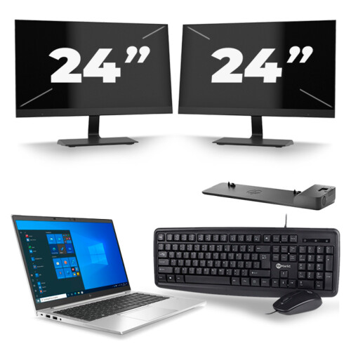 Refurbished HP EliteBook 845 G7 - AMD Ryzen 3 Pro 4450U - 14 inch - 8GB RAM - 256GB SSD - Windows 10 Home + 2x 24 inch Monitor