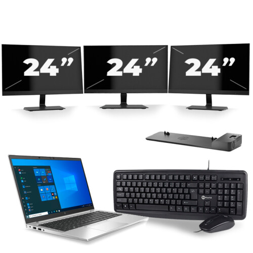 Refurbished HP EliteBook 845 G7 - AMD Ryzen 3 Pro 4450U - 14 inch - 8GB RAM - 256GB SSD - Windows 10 Home + 3x 24 inch Monitor