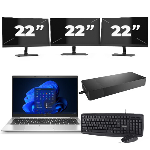 Refurbished HP EliteBook 845 G8 - AMD Ryzen 3 PRO 5400U - 14 inch - 8GB RAM - 256GB SSD - Windows 11 Home + 3x 22 inch Monitor
