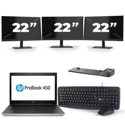 Refurbished HP ProBook 450 G5 - Intel Core i5-8e Generatie - 15 inch - 8GB RAM - 256GB SSD - Windows 11 + 3x 22 inch Monitor