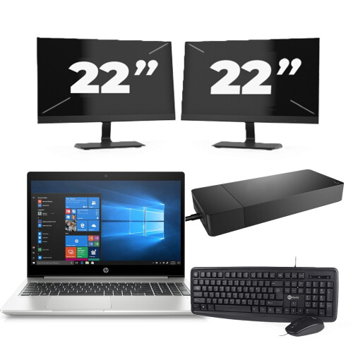 Refurbished HP ProBook 455R G6 - AMD Ryzen 5 3500U - 15 inch - 8GB RAM - 256GB SSD - Windows 10 Home + 2x 22 inch Monitor
