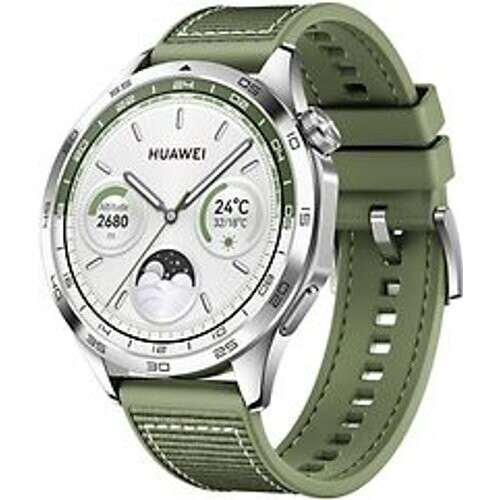 Refurbished Huawei Watch GT 4 46 mm zilver met geworven stoffen armband groen