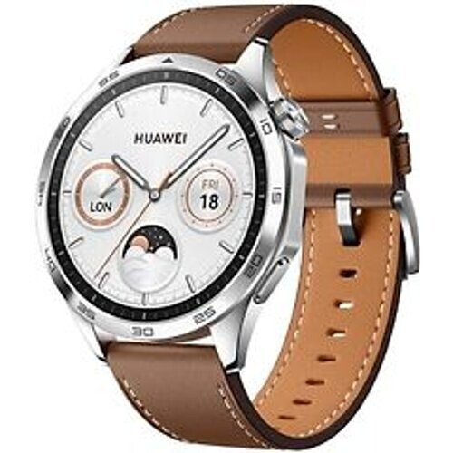 Refurbished Huawei Watch GT 4 46 mm zilver met leren bandje bruin