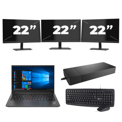 Refurbished Lenovo Thinkpad E14 G2 - Intel Core i3-11e Generatie - 14 inch - 8GB RAM - 256GB SSD - Windows 11 Home + 3x 22 inch Monitor
