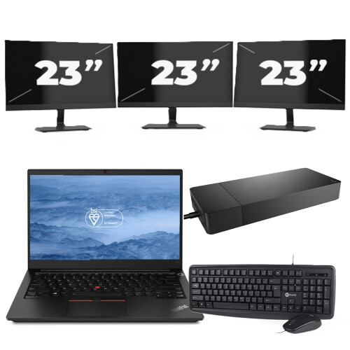 Refurbished Lenovo ThinkPad E14 - Intel Core i3-10e Generatie - 14 inch - 8GB RAM - 256GB SSD - Windows 11 + 3x 23 inch Monitor