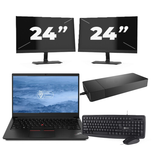 Refurbished Lenovo ThinkPad E14 - Intel Core i3-10e Generatie - 14 inch - 8GB RAM - 256GB SSD - Windows 11 + 2x 24 inch Monitor