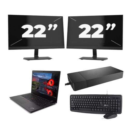 Refurbished Lenovo ThinkPad L14 Gen 1 - Intel Core i5-10e Generatie - 14 inch - 8GB RAM - 256GB SSD - Windows 11 Home + 2x 22 inch Monitor