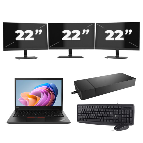 Refurbished Lenovo ThinkPad T14 Gen 1 - AMD Ryzen 5 PRO 4650U - 14 inch - 8GB RAM - 256GB SSD - Windows 11 Home + 3x 22 inch Monitor