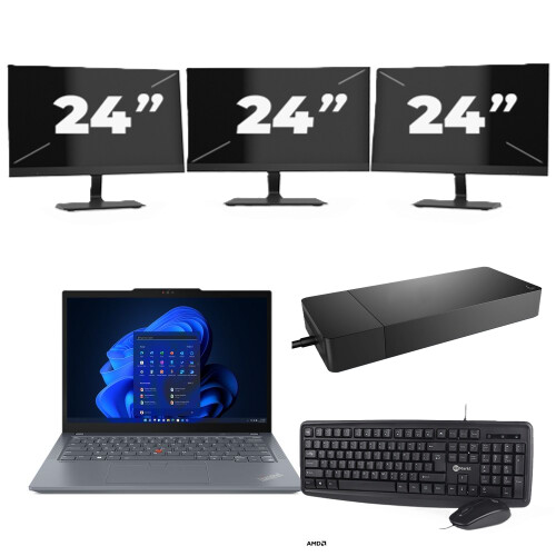 Refurbished Lenovo ThinkPad X13 - AMD Ryzen 3 PRO 4450U - 13 inch - 8GB RAM - 256GB SSD - Windows 11 Home + 3x 24 inch Monitor