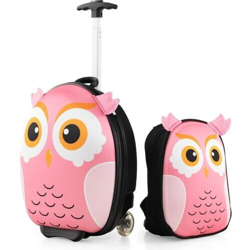 Tweedekans 2-Delige Kinderkofferset met 40 cm Kinderkoffer & 30 cm Rugzak Rollende Koffer Reistrolleykofferset voor Kinderen - Roze - Uil