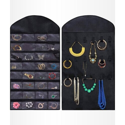 Tweedekans Aerend - Sieraden organizer - Dubbelzijdige hangende en doorzichtige Juwelenstandaard - Opbergaccessoires - Opbergtas boven de deur in zwart - Voor kettingen, oorbellen, zonnebrillen, ringen, Make-up