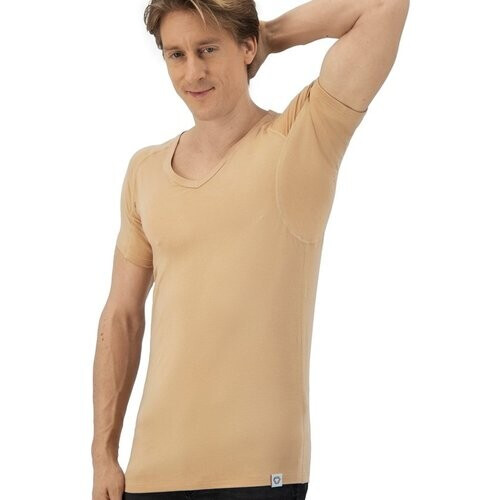 Tweedekans Anti Zweet Shirt - Fibershirts® - Ingenaaide Okselpads- Ondershirt - beige - V-hals - Heren - Maat S