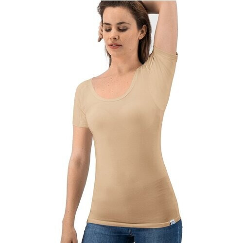 Tweedekans Anti Zweet Shirt - Fibershirts® - Ingenaaide Okselpads - Ondershirt - beige - Ronde Hals - Dames - Maat XS