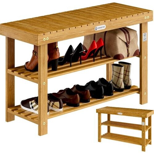 Tweedekans Casaria Schoenenrek - Zitbank 3 Schappen 90x33x46cm – Acaciahout
