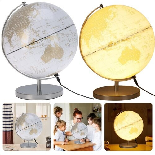 Tweedekans Cheqo® Wereldbol Lamp 31 cm – LED Globe met Verlichting – Wit Goud – Decoratieve USB Wereldbollamp