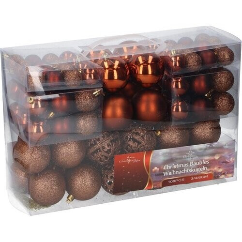 Tweedekans Christmas Gifts Kerstballen Set Koper - 100 Kunststof Kerstballen - Verschillende Afwerkingen - Ø 3/4/6 cm