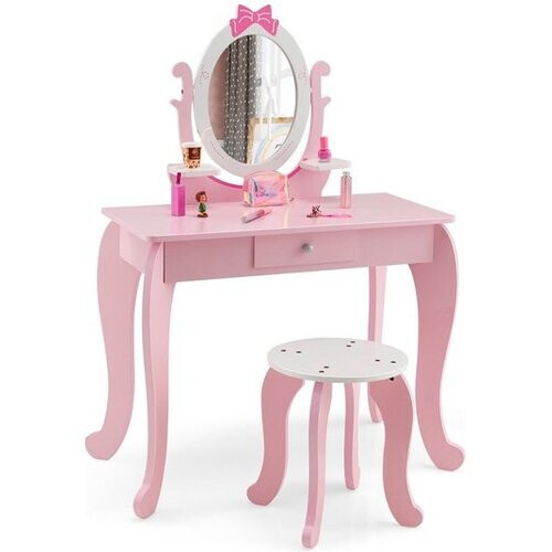 Tweedekans Coast 2-in-1 Kaptafel set - Hout - Met Kruk en Spiegel - 3-7 jaar - Roze