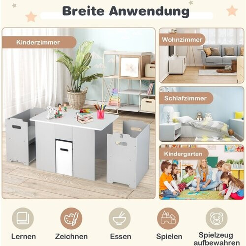 Tweedekans Coast 3-delige set gemaakt van tafel en stoelen voor kinderen Activiteitstafel met 2 stapelbare stoelen grijs en wit
