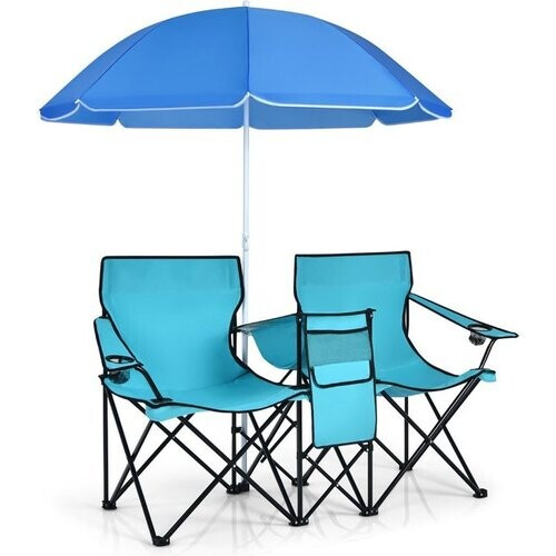 Tweedekans Coast campingstoel met parasol dubbele vouwstoel met bekerhouder koeltas turquoise