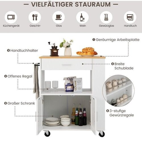 Tweedekans Coast Keukenwagen – Met 3 Kruidenplanken & Wieltjes – 75 x 46 x 92 cm – Wit