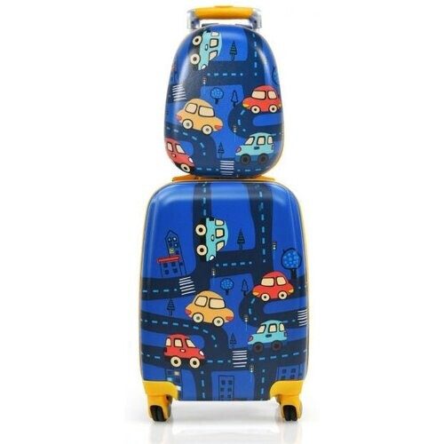 Tweedekans Coast Kinderkofferset 2-delig Kindertrolley + Rugzak Auto's Donkerblauw