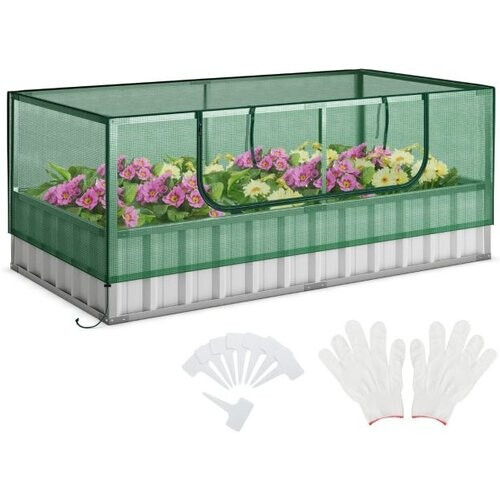 Tweedekans Coast Minikas Groen/Zilver – Verhoogd Tuinbed met Oprolbare Deur, Handschoenen en 8 T-Labels – 174 x 90 x 70 cm